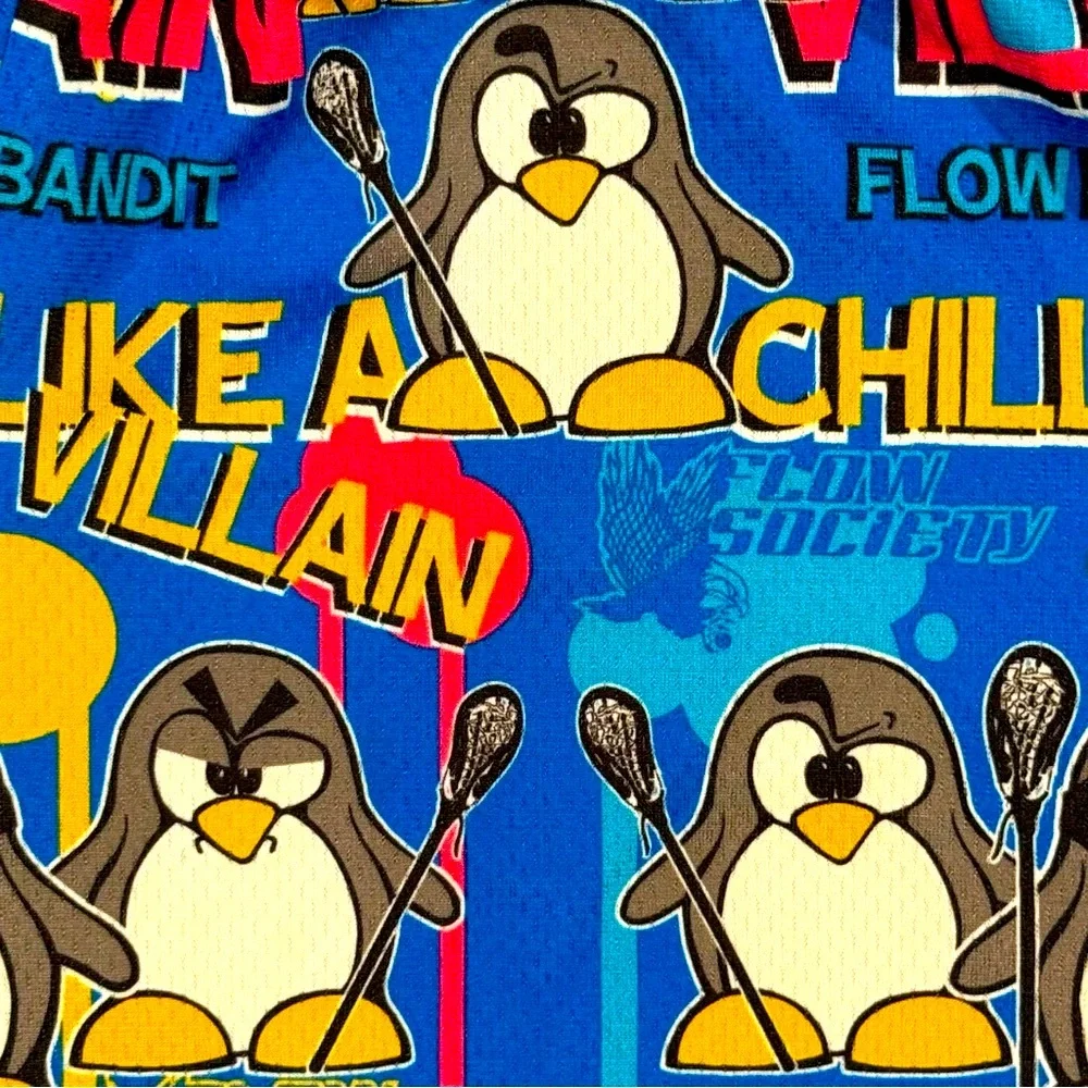 Flow Society Penguins Lacrosse Shorts Boys Medium Chillin Villain Blue Gold Pink - Picture 2 of 5
